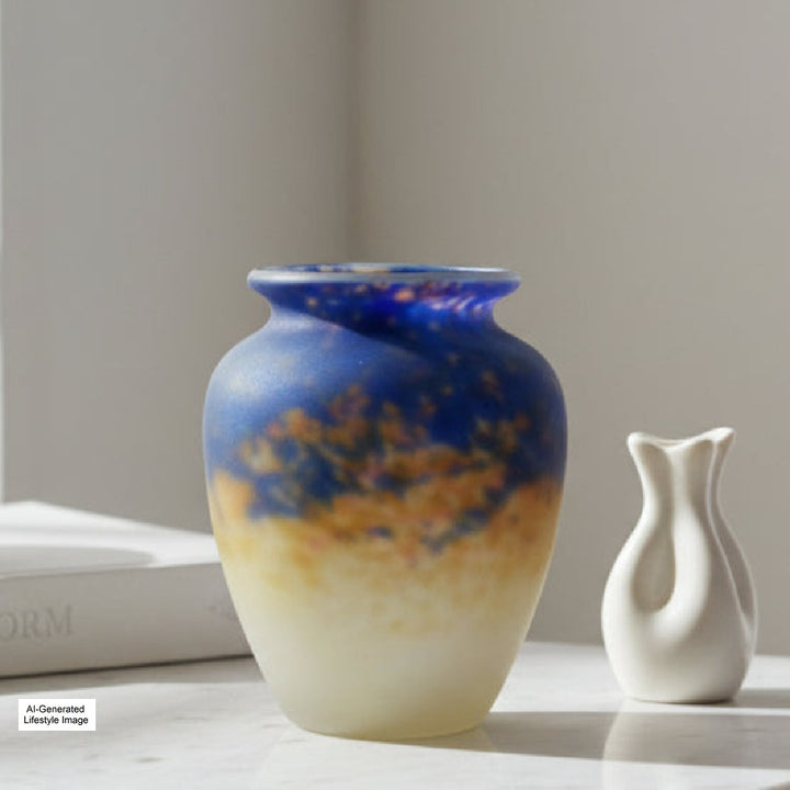 Ai-generated lifestyle imafe of 1920 Muller Frères Lunéville Cabinet Vase on a luxury setting.