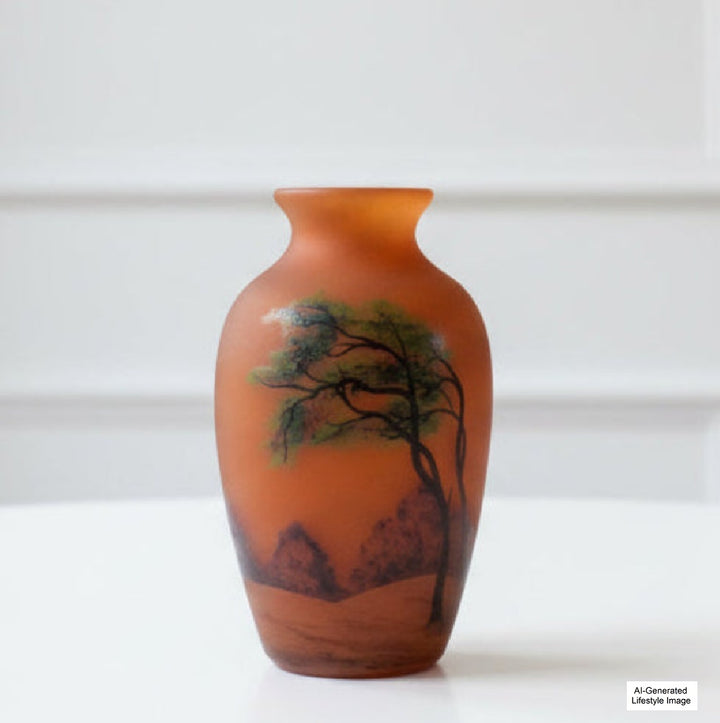 Ai-generated lifestyle image of Rare Small Size Muller Frères Lunéville Art Nouveau Vase,  tree and mountains on a white background.