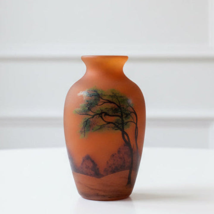 Rare Small Size Muller Frères Lunéville Art Nouveau Vase,  tree and mountains on a white background