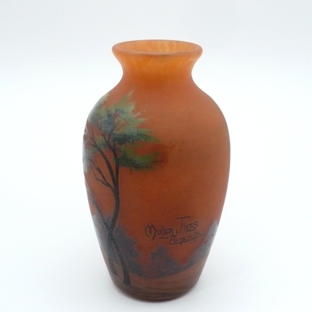 Rare Small Size Muller Frères Lunéville Art Nouveau Vase, Hand-Painted Enamel, Circa 1890-1910.