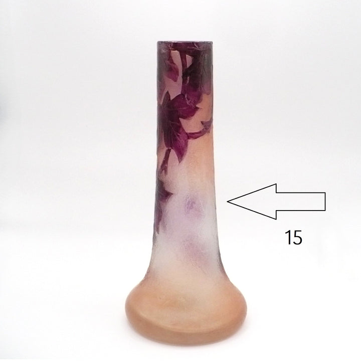 Legras Rubis Series Bud Vase, 1910, Art Nouveau Ivy Enamel Glass, France.