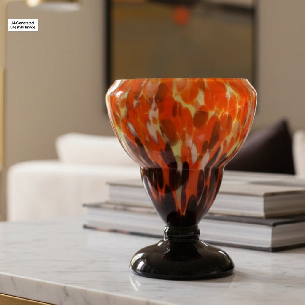 Ai-generated lifestyle image of Colorful 1930 Bohemian Spatter Glass Cabinet Vase, attr. to Steinwald, on a marble surface with books in the background.