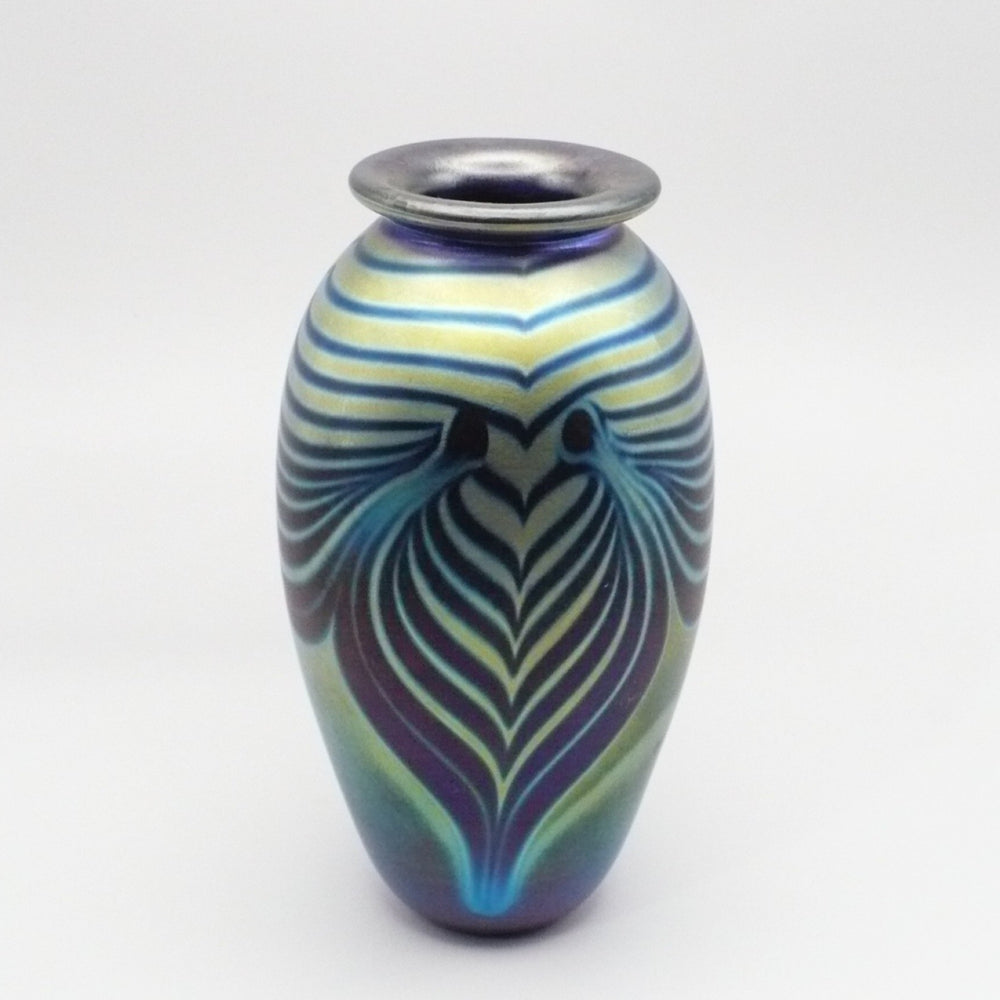Small Peacock Aurene Pulled Feather Cabinet Vase, Unsigned Studio Glass.