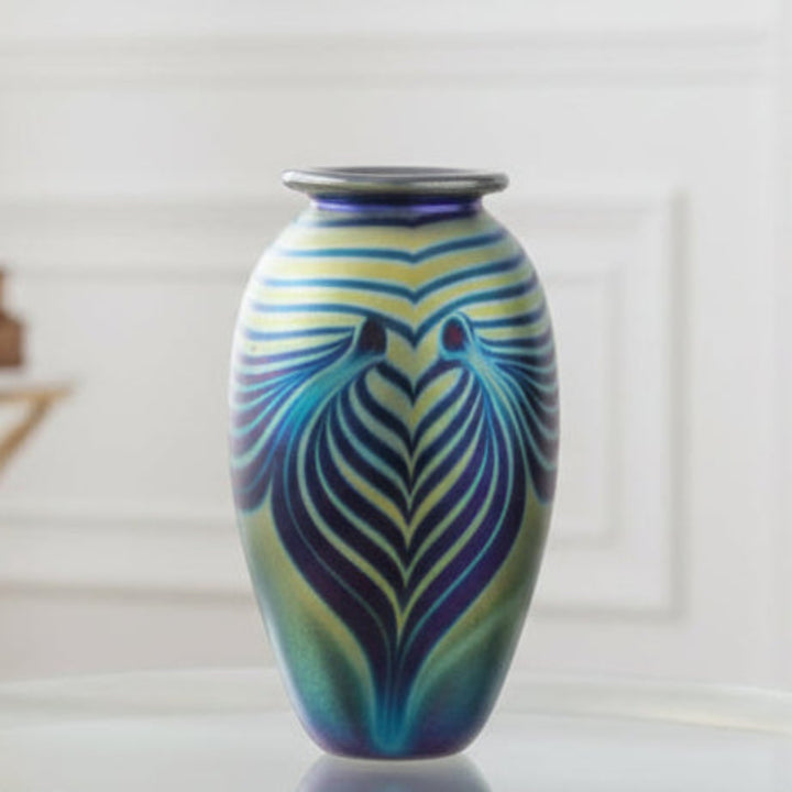 Decorative 1980 Peacock Aurene Pulled Feather Cabinet Vase on a white background