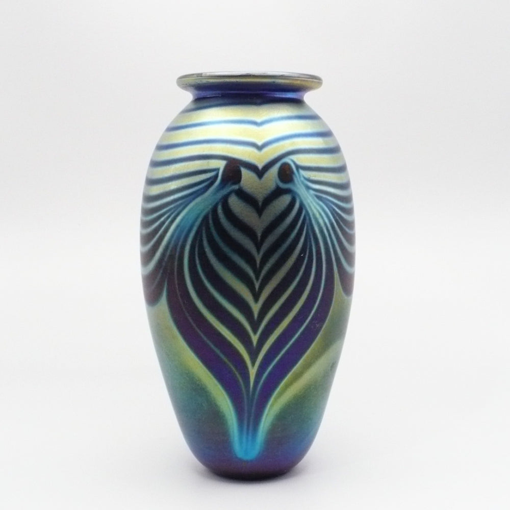 Small Peacock Aurene Pulled Feather Cabinet Vase, Unsigned Studio Glass.