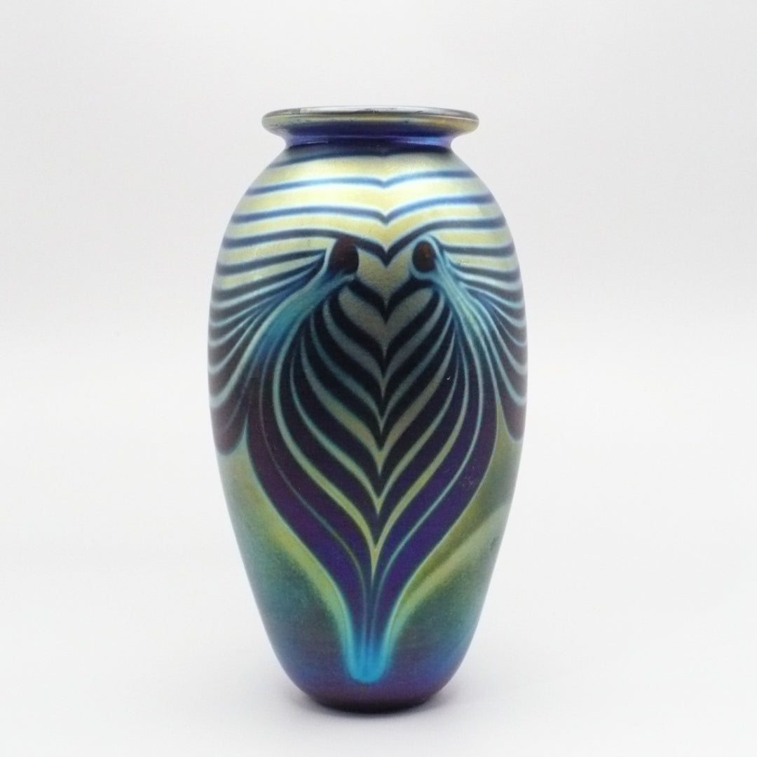 Small Peacock Aurene Pulled Feather Cabinet Vase, Unsigned Studio Glass.