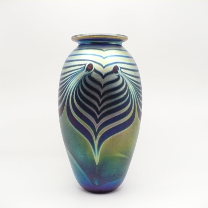 Small Peacock Aurene Pulled Feather Cabinet Vase, Unsigned Studio Glass.