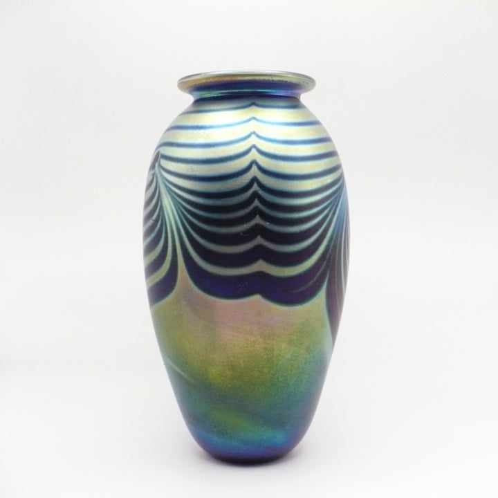 Small Peacock Aurene Pulled Feather Cabinet Vase, Unsigned Studio Glass.