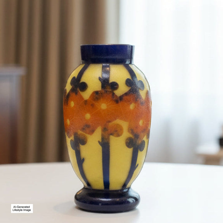 Ai-generated lifestyle image of 1922-1925 Le Verre Français Mirettes Cabinet Vase, Tricolor Cane on a white surface.