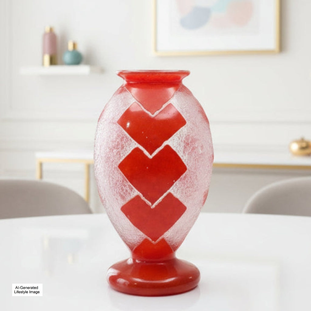Ai-generated lifestyle image og 1925 Degué Art Deco Orange-Red Cameo Glass Table Vase Geometric Dream on a white surface with a blurred background, view one.