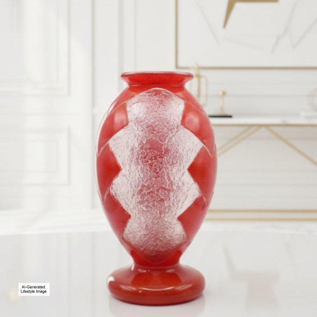 Ai-generated lifestyle image og 1925 Degué Art Deco Orange-Red Cameo Glass Table Vase Geometric Dream on a white surface with a blurred background, view two.