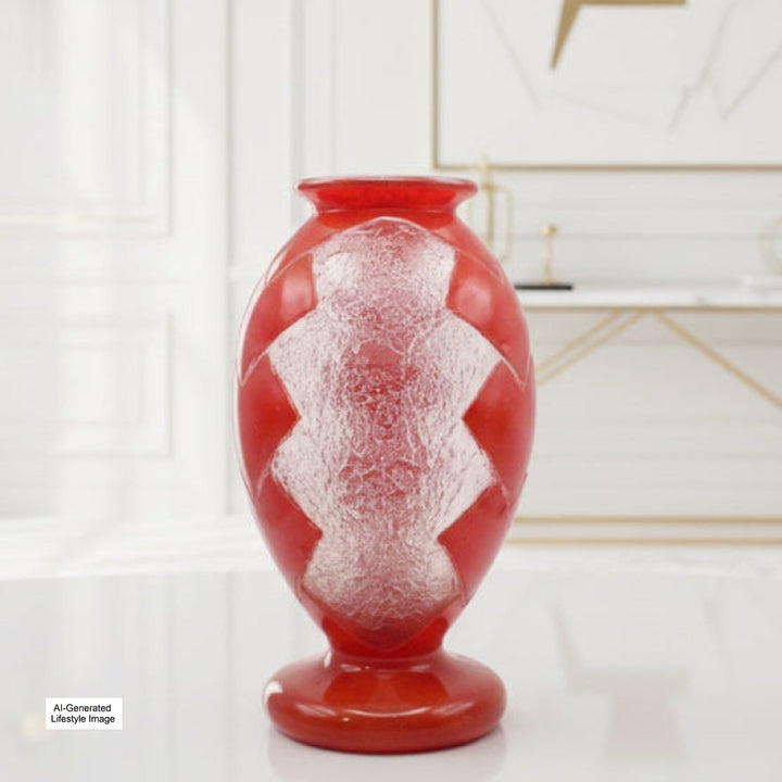 Ai-generated lifestyle image og 1925 Degué Art Deco Orange-Red Cameo Glass Table Vase Geometric Dream on a white surface with a blurred background, view two.