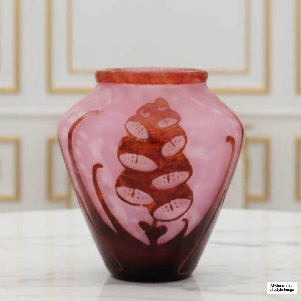 Ai-generated lifestyle image of Le Verre Français Digitale Schneider Art Deco Foxglove Table Vase on a white surface.