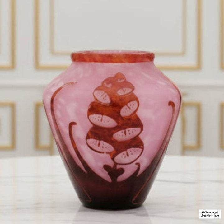 Ai-generated lifestyle image of Le Verre Français Digitale Schneider Art Deco Foxglove Table Vase on a white surface.