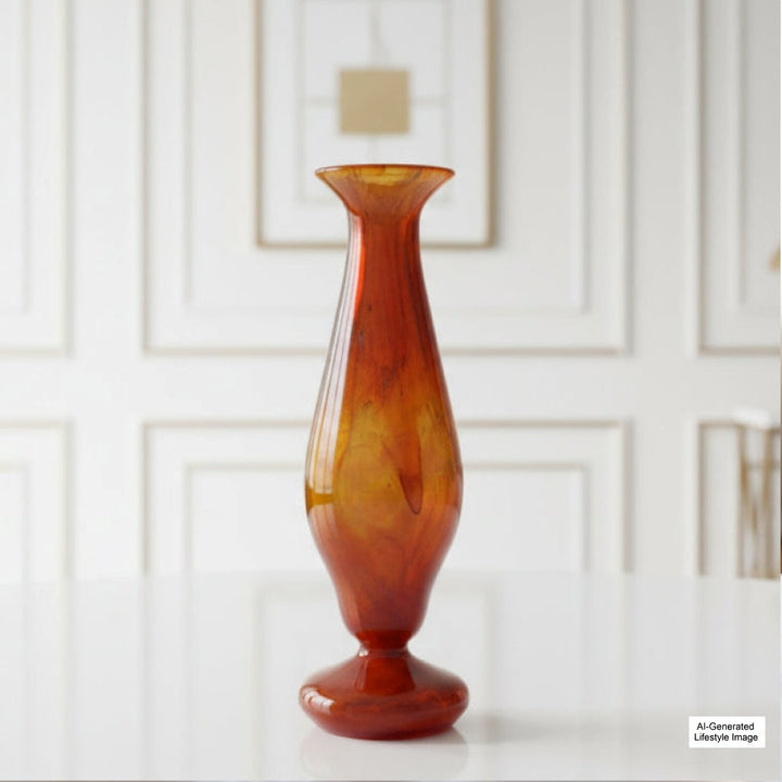 Ai-generated lifestyle image of 1928-1933 Schneider Signed Jades Art Deco Amber French Art Glass Vase on a white wall background.
