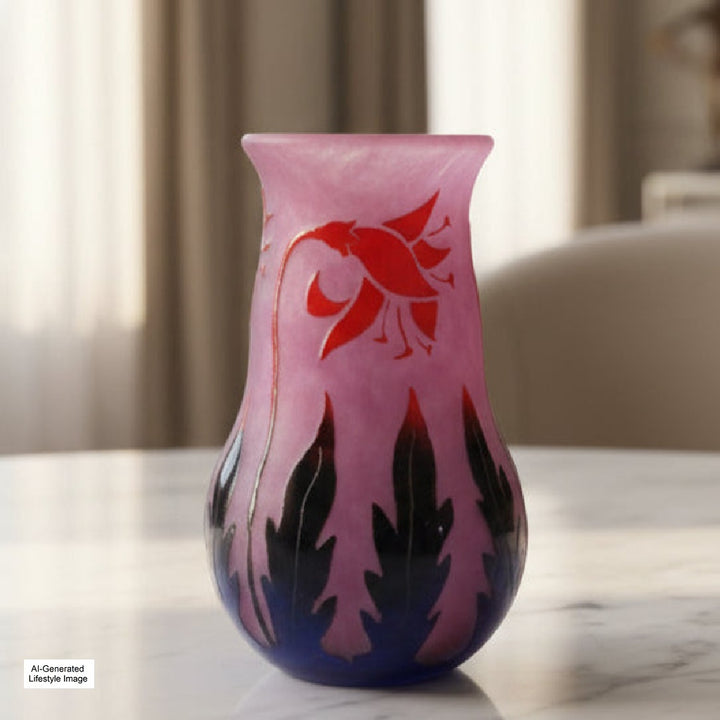 Ai generated lifestyle inage of Degué 1925-30 Art Deco Cameo Glass Vase, Fuschia Floral French Art Glass on a marble table.