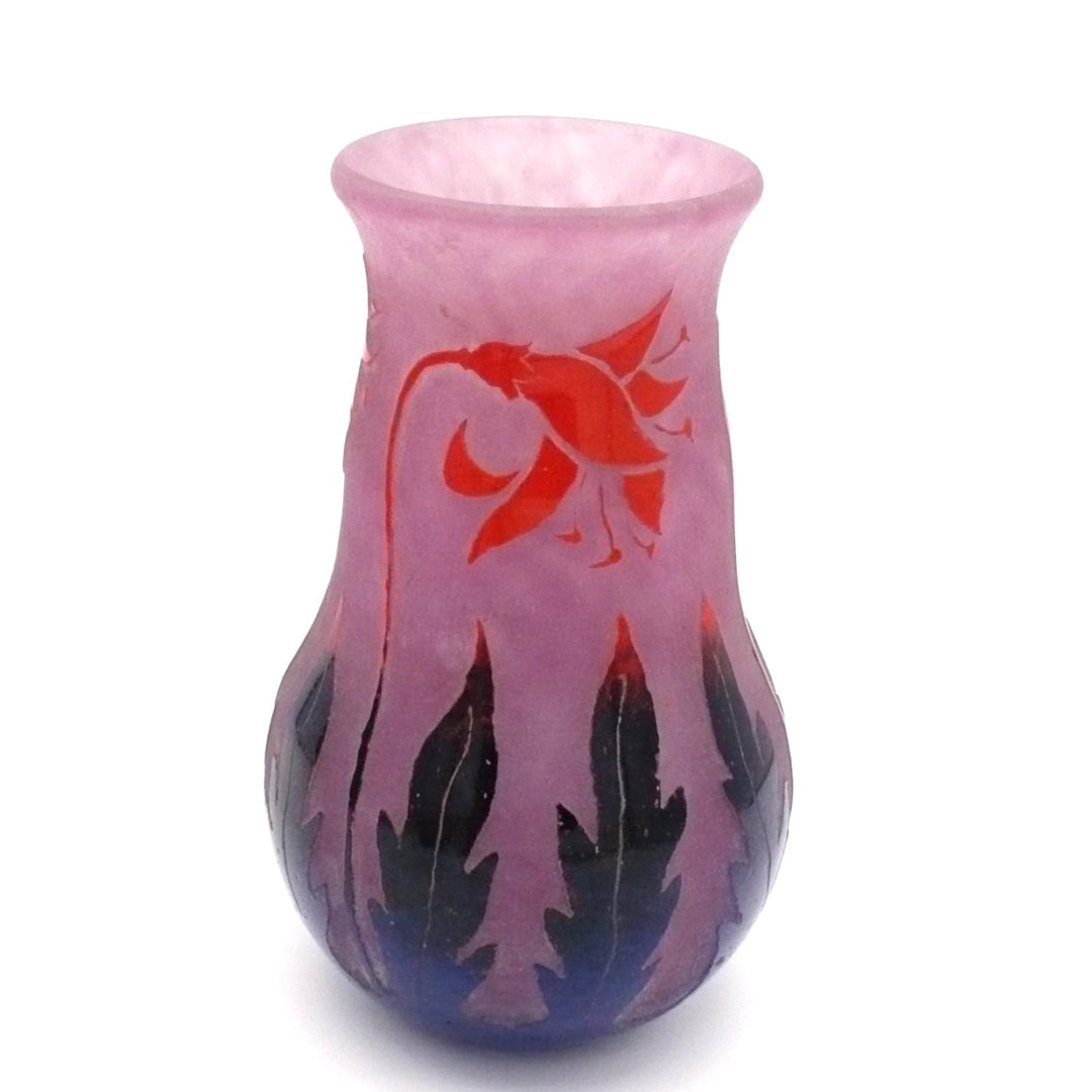 Degué 1925-30 Art Deco Cameo Glass Vase, Fuschia Floral, Signed.