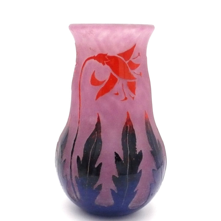 Degué 1925-30 Art Deco Cameo Glass Vase, Fuschia Floral, Signed.
