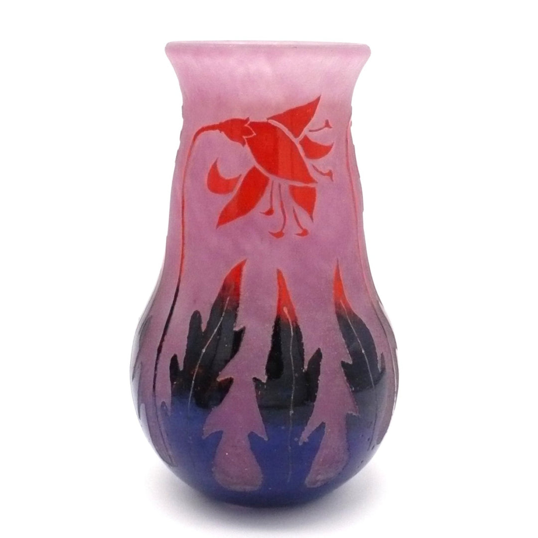 Degué 1925-30 Art Deco Cameo Glass Vase, Fuschia Floral, Signed.