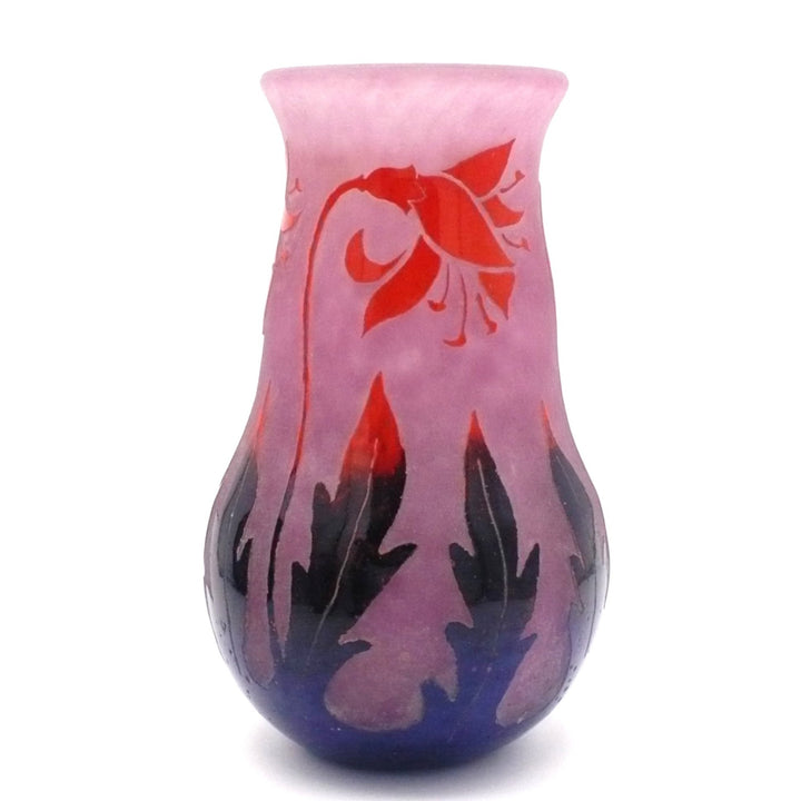 Degué 1925-30 Art Deco Cameo Glass Vase, Fuschia Floral, Signed.