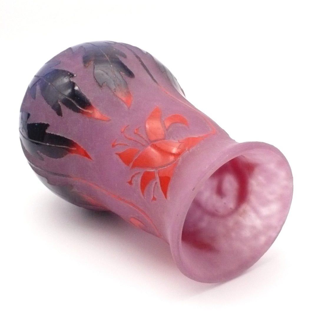Degué 1925-30 Art Deco Cameo Glass Vase, Fuschia Floral, Signed.