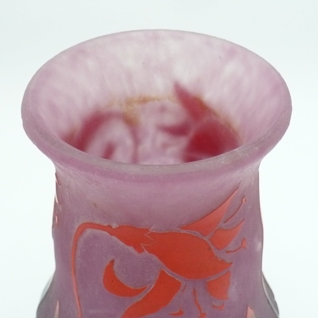 Degué 1925-30 Art Deco Cameo Glass Vase, Fuschia Floral, Signed.