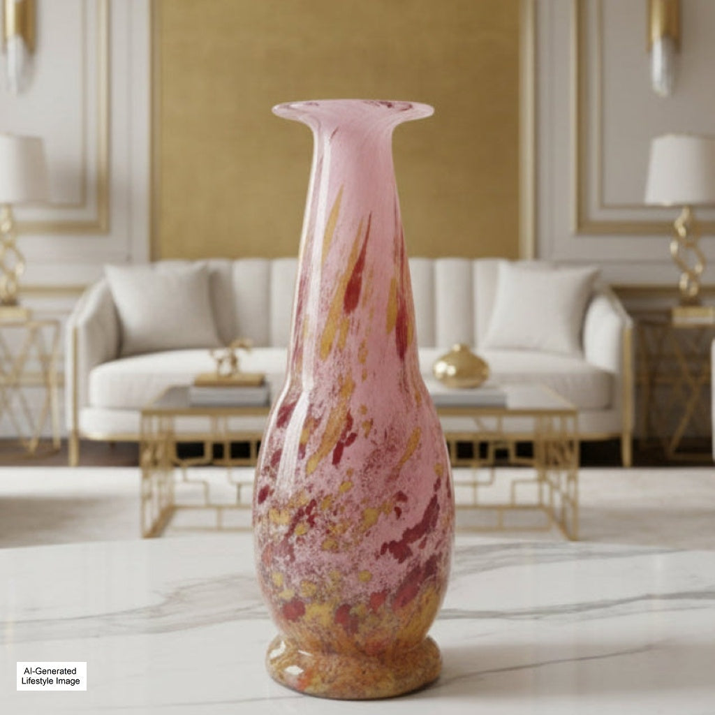 Ai geberated lifestyle image of ca. 1920s Schneider Signed Art Deco Mabrines Mantel Vase in a stylish living room setting.