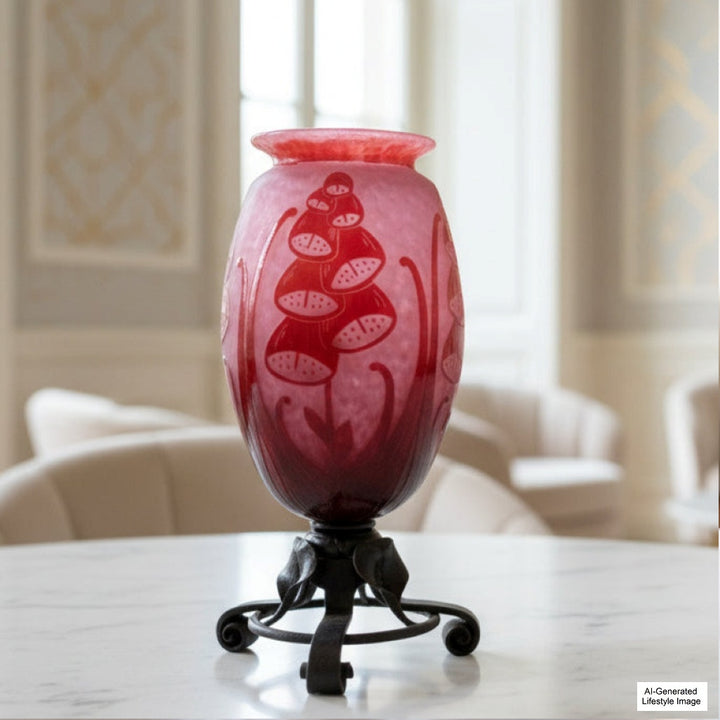 Ai generated lifestyl eimage of Rare 1922-27 Le Verre Français Digitale Fer Forgé Series Art Deco Vase on a table in an elegant room with chairs and a mirror.