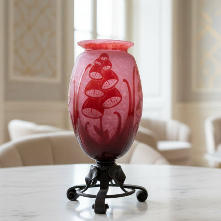 Rare 1922-27 Le Verre Français Digitale Fer Forgé Series Art Deco Vase on a table in an elegant room with chairs and a mirror.