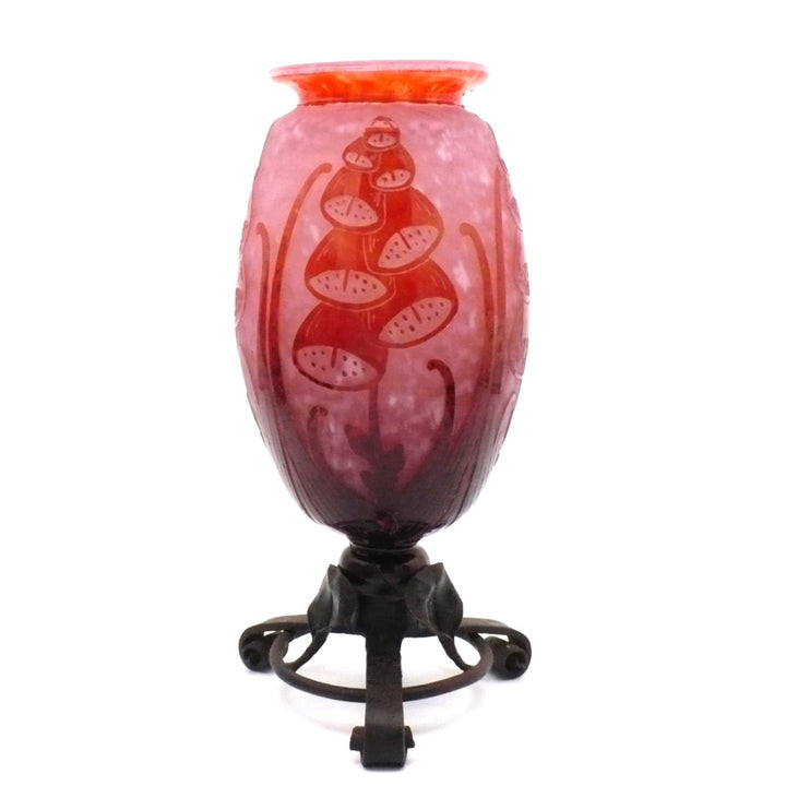 Le Verre Français Digitale Art Deco Vase w/ Forged Iron Base 12".