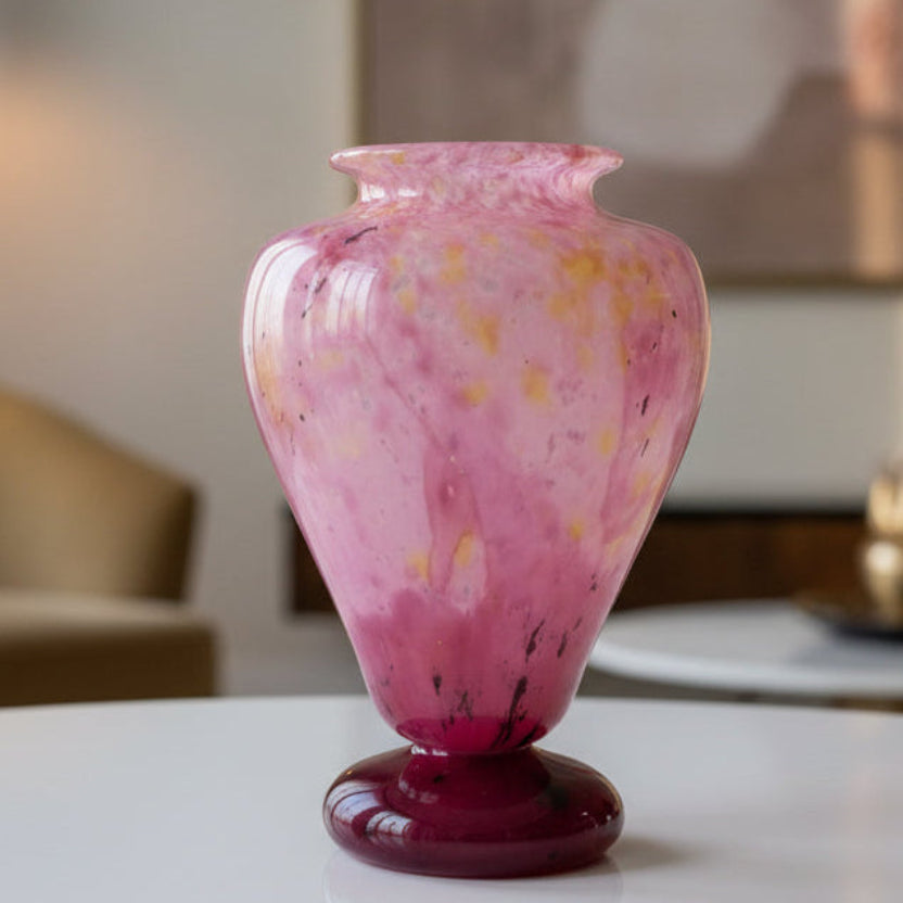 1920s Signed Schneider French Art Deco Glass Vas, Pink & Raspberry on a table in a modern living room.