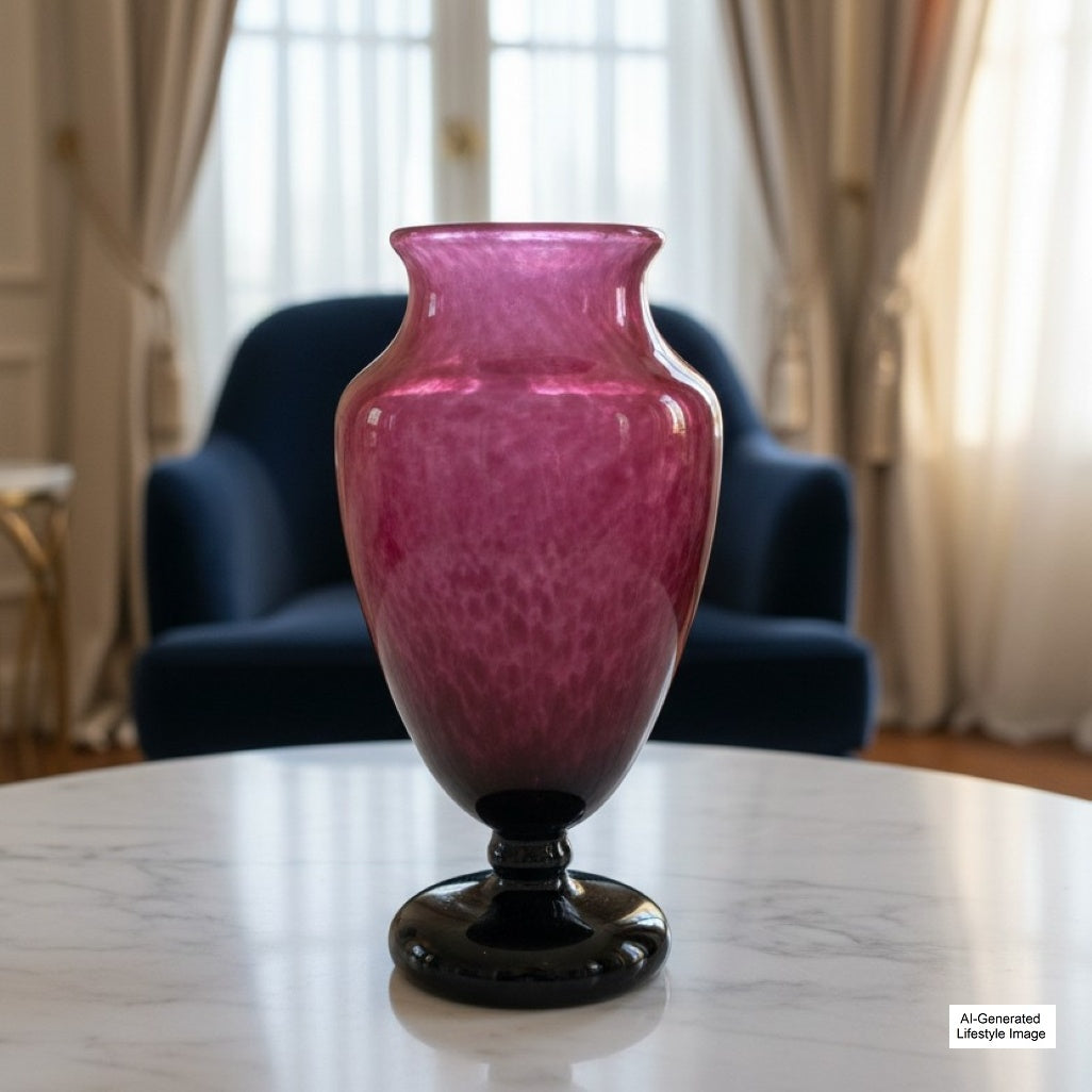 1928-33 Signed Schneider Art Deco Pink Jade Mantel Vase French Art Glass in a marble surface with a blurred indoor background, ai generated lifestyle image.