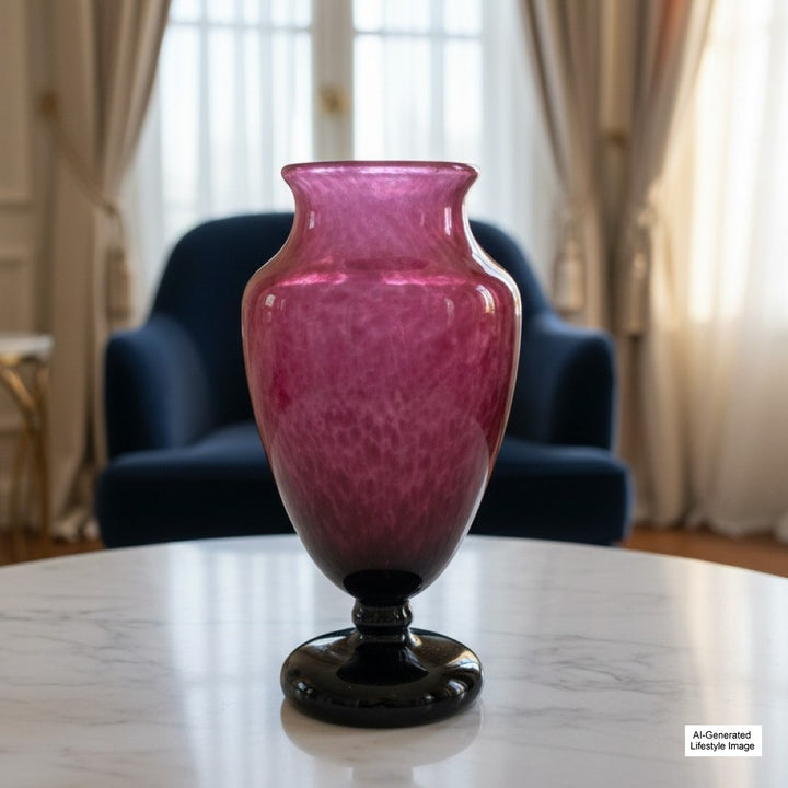 1928-33 Signed Schneider Art Deco Pink Jade Mantel Vase French Art Glass in a marble surface with a blurred indoor background, ai generated lifestyle image.