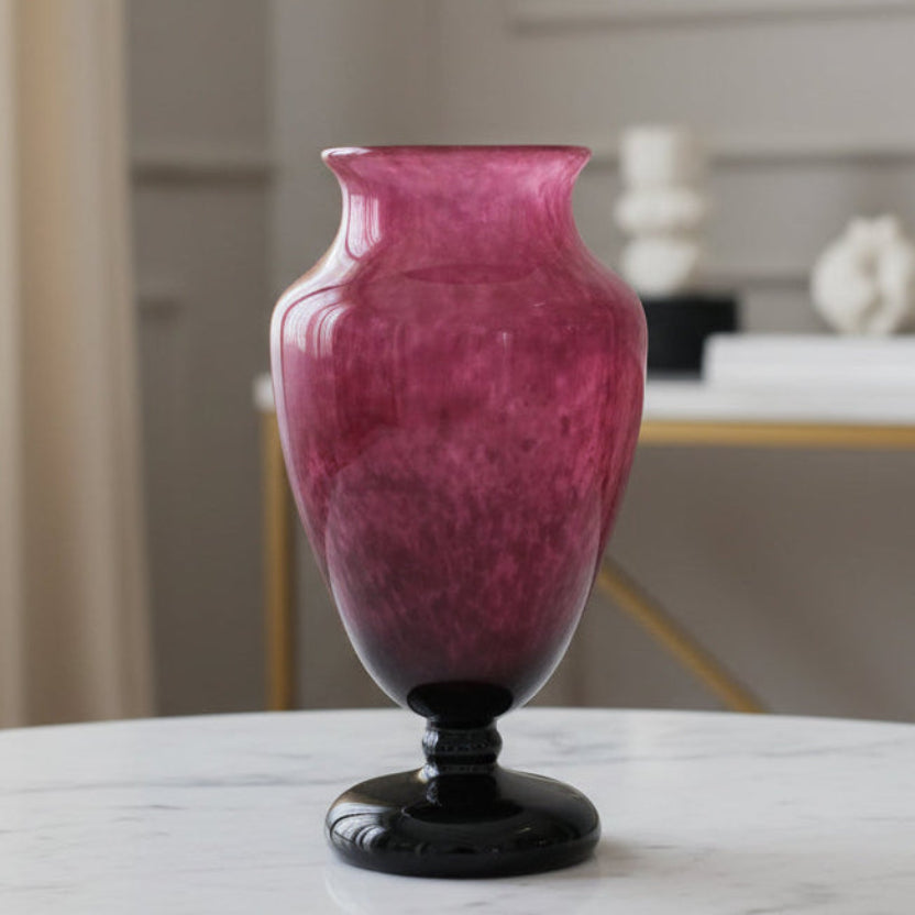 1928-33 Signed Schneider Art Deco Jade Mantel Vase French Art Glass in a marble surface with a blurred indoor background.