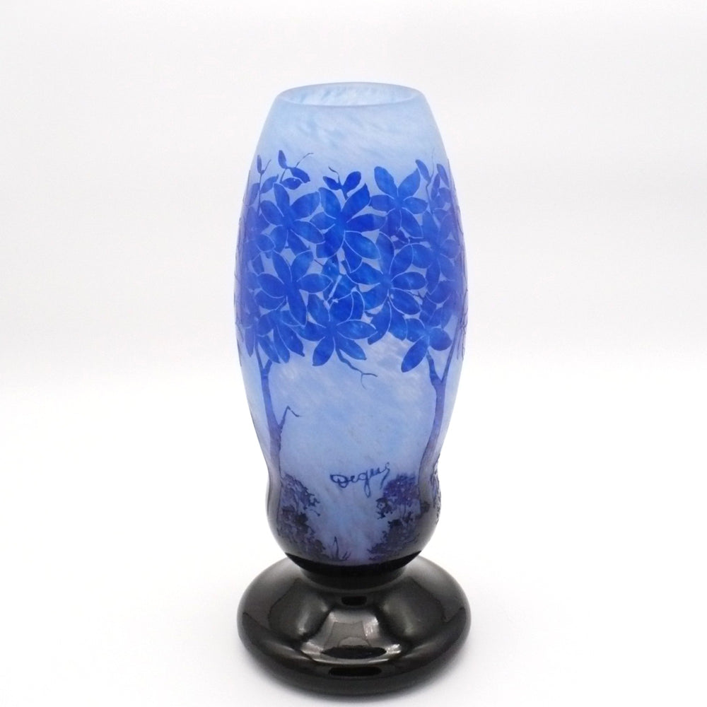 Large Degué French Art Deco Blue Cameo Glass Vase, Signed 14".