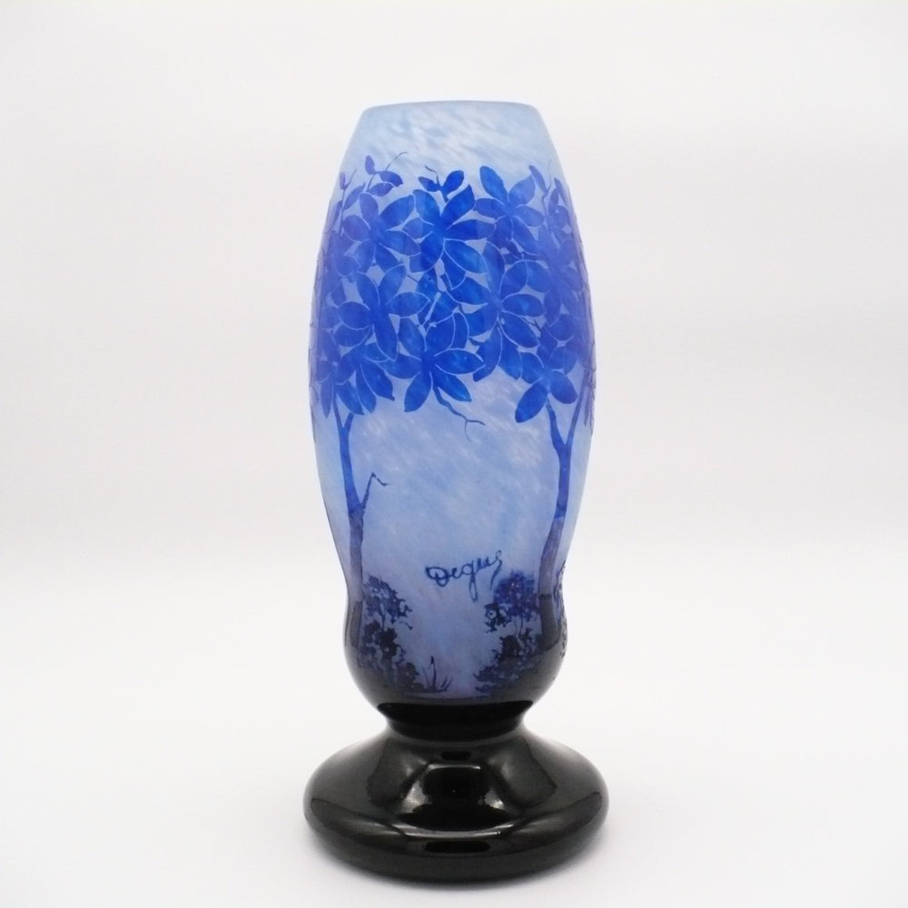 Large Degué French Art Deco Blue Cameo Glass Vase, Signed 14".