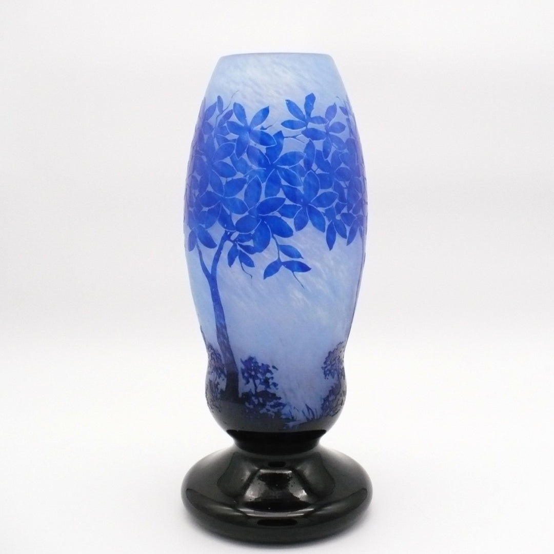 Large Degué French Art Deco Blue Cameo Glass Vase, Signed 14".