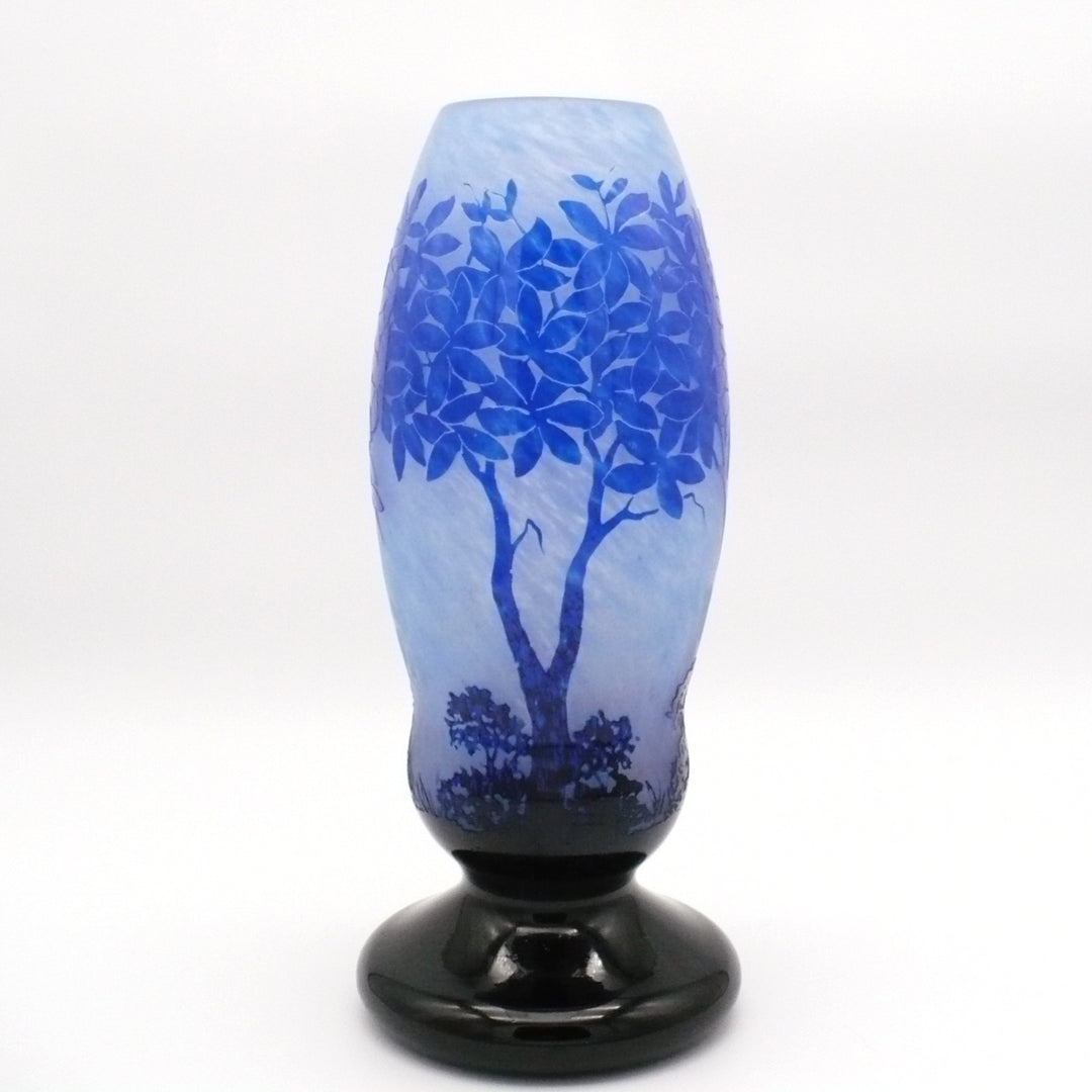 Large Degué French Art Deco Blue Cameo Glass Vase, Signed 14".