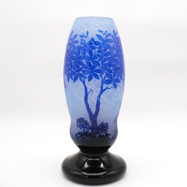 Large Degué French Art Deco Blue Cameo Glass Vase, Signed 14".