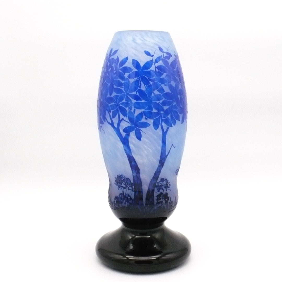 Large Degué French Art Deco Blue Cameo Glass Vase, Signed 14".