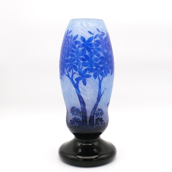 Large Degué French Art Deco Blue Cameo Glass Vase, Signed 14".