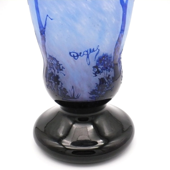 Large Degué French Art Deco Blue Cameo Glass Vase, Signed 14".