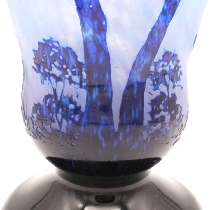 Large Degué French Art Deco Blue Cameo Glass Vase, Signed 14".