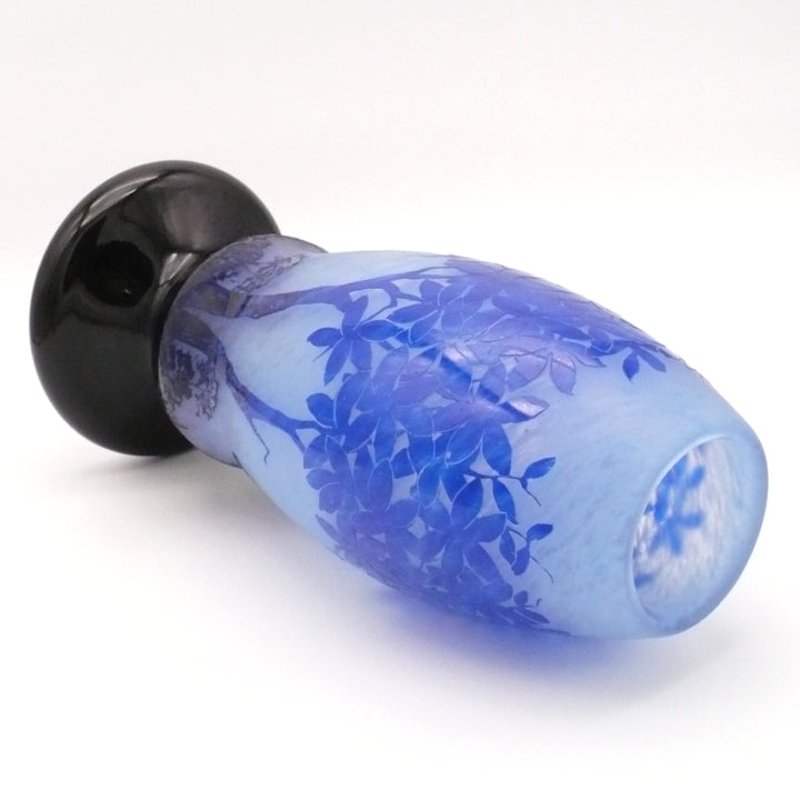 Large Degué French Art Deco Blue Cameo Glass Vase, Signed 14".