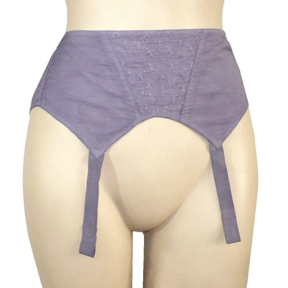 1950s vintage embroidered Purple garter belt on a mannequin against a white background.