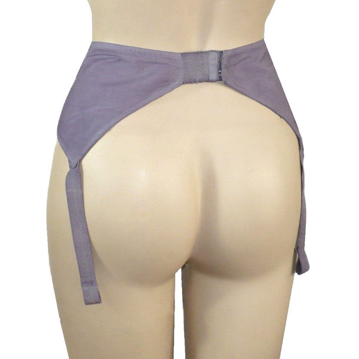 1950s vintage embroidered Purple garter belt on a mannequin against a white background. Back view.
