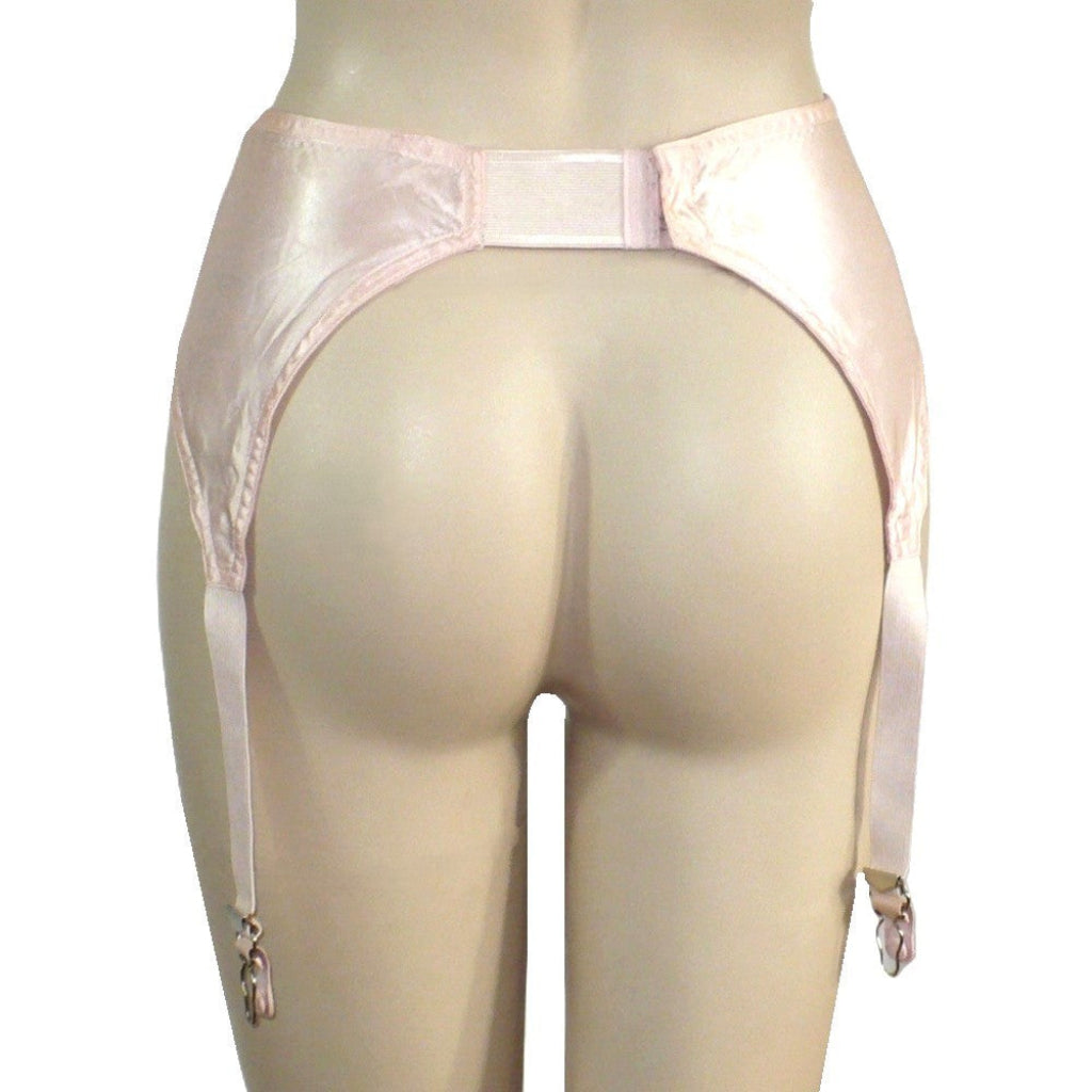 1940s Vintage Pin-up Girl Pink Satin and Lace Garter Belt on a mannequin against a white background, back view.
