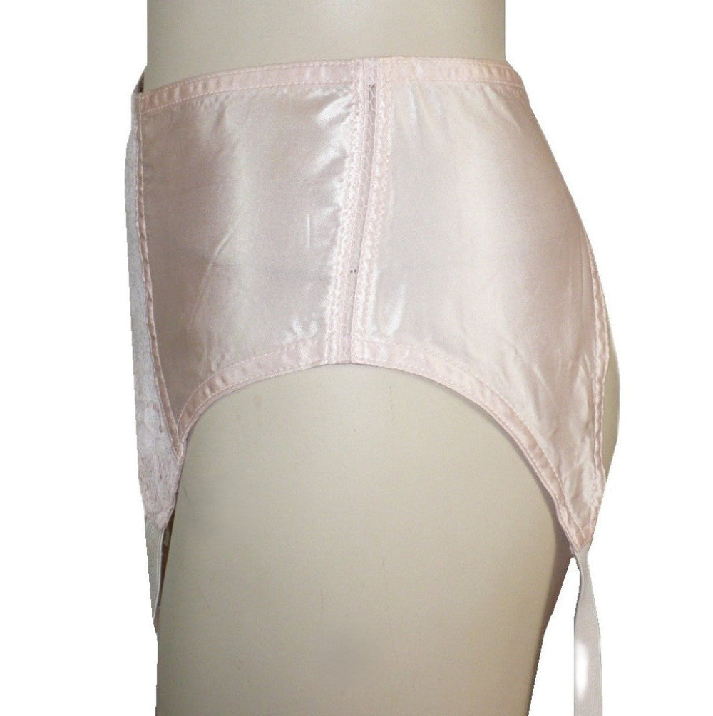 1940s Vintage Pin-up Girl Pink Satin and Lace Garter Belt on a mannequin against a white background, side view.
