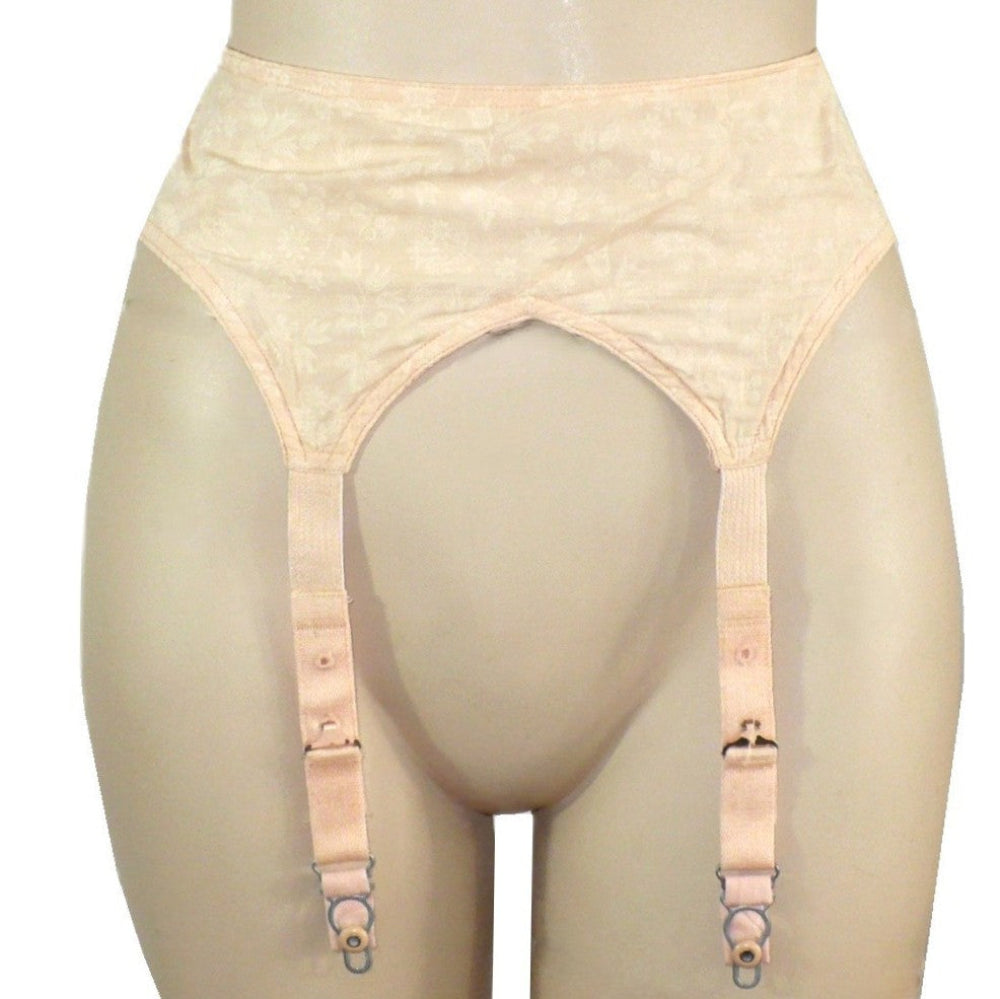 1940s Vintage Garter Belt Floral Print on Cotton Bullseye Button Clasps, front view.