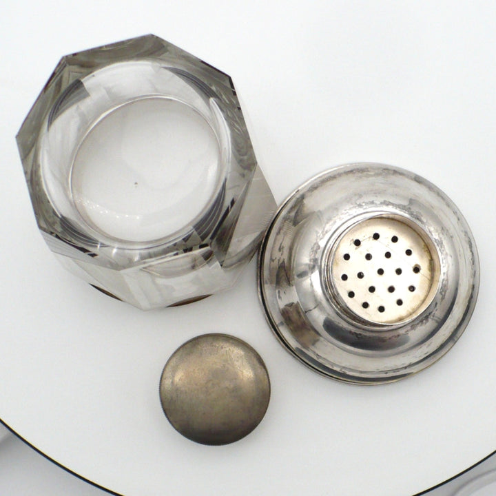 A vintage 1930s Karl Palda Art Deco Crystal Cocktail Shaker built-in strainer lid, and a small cap view 2. Shows base.